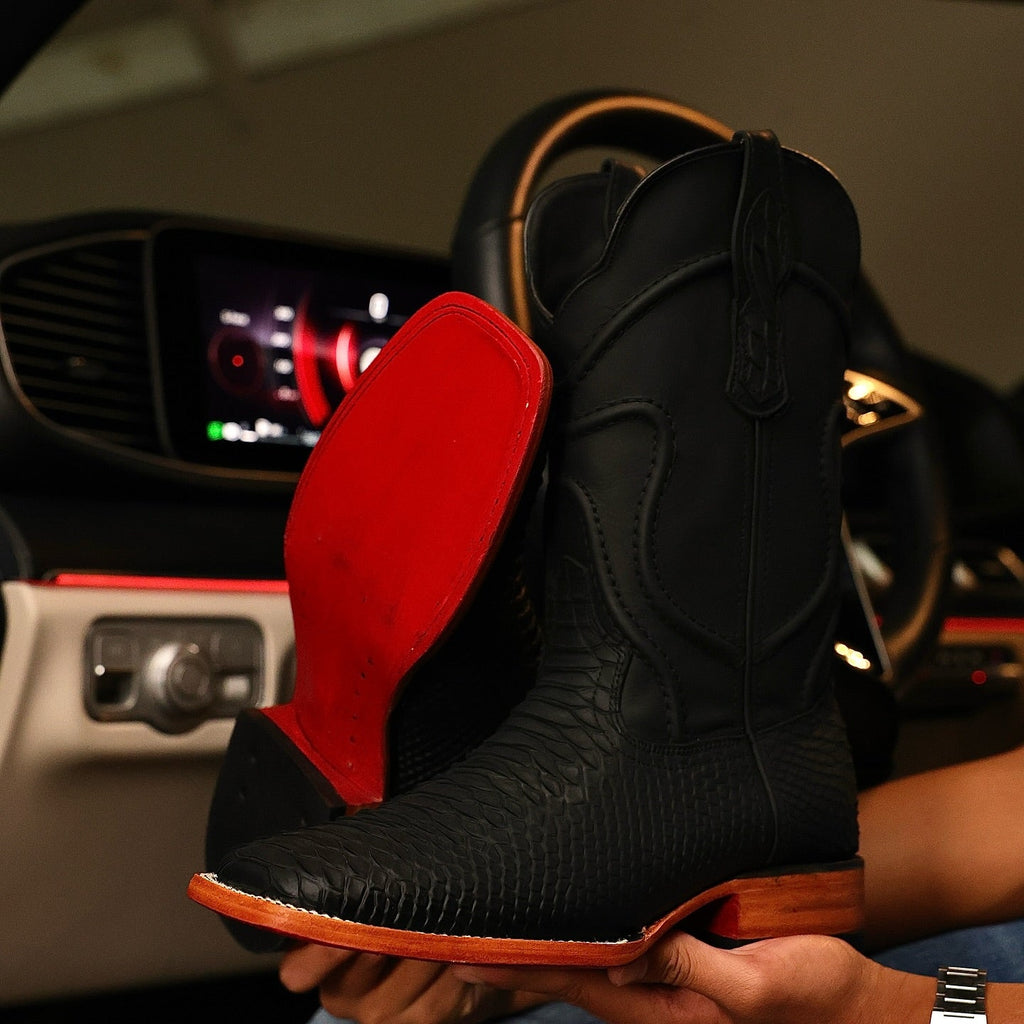 Matte Black Python Boots With Red Soles — Square Toe