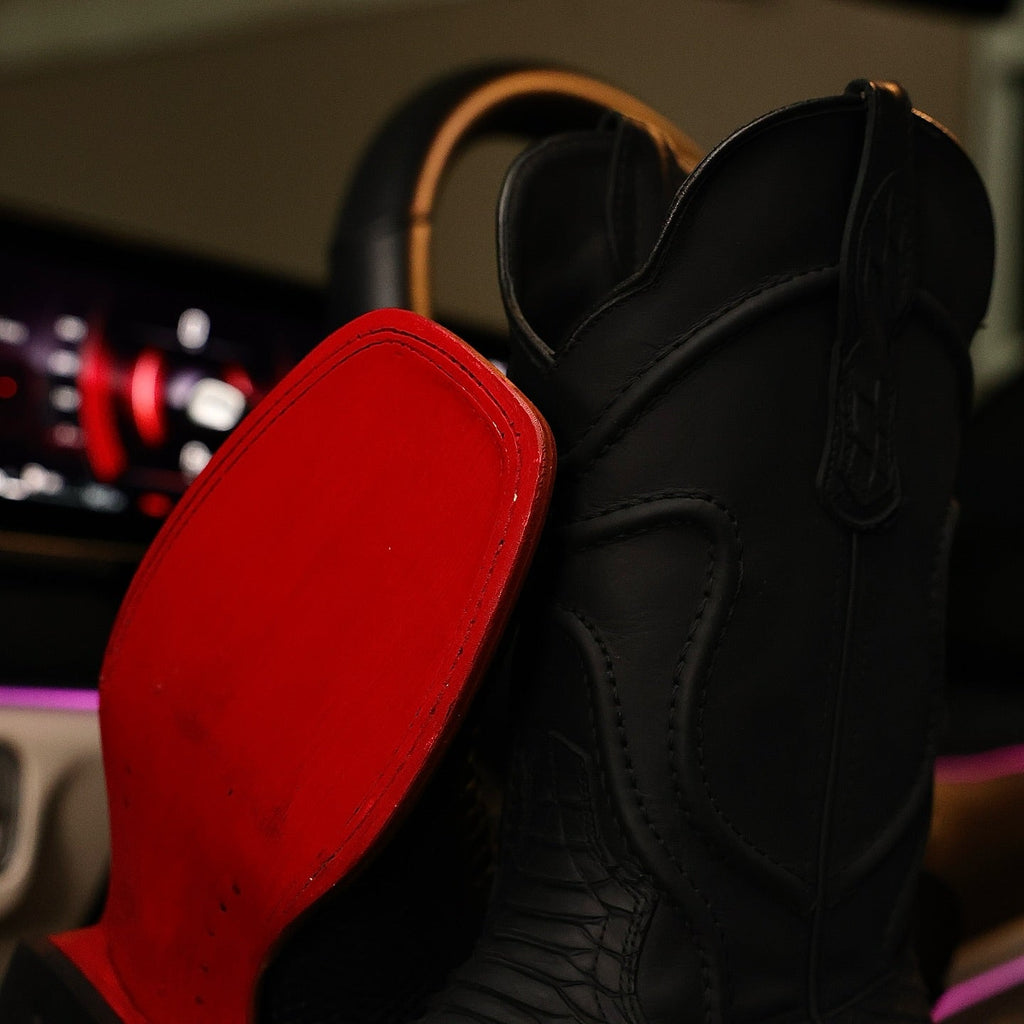 Matte Black Python Boots With Red Soles — Square Toe