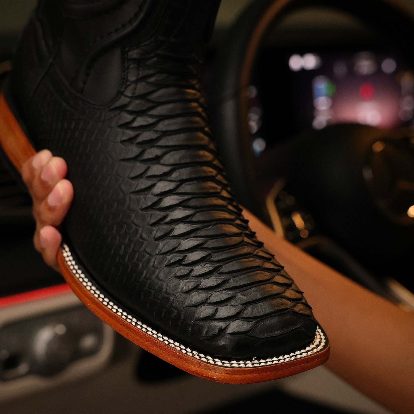 Matte Black Python Boots With Red Soles — Square Toe