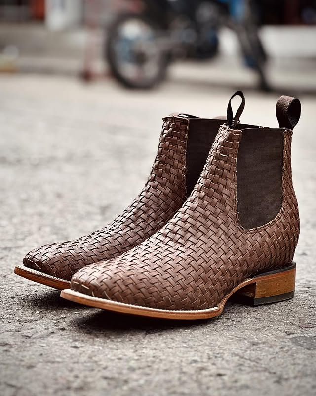 Men's Western Cowboy Woven Leather Ankle Boots