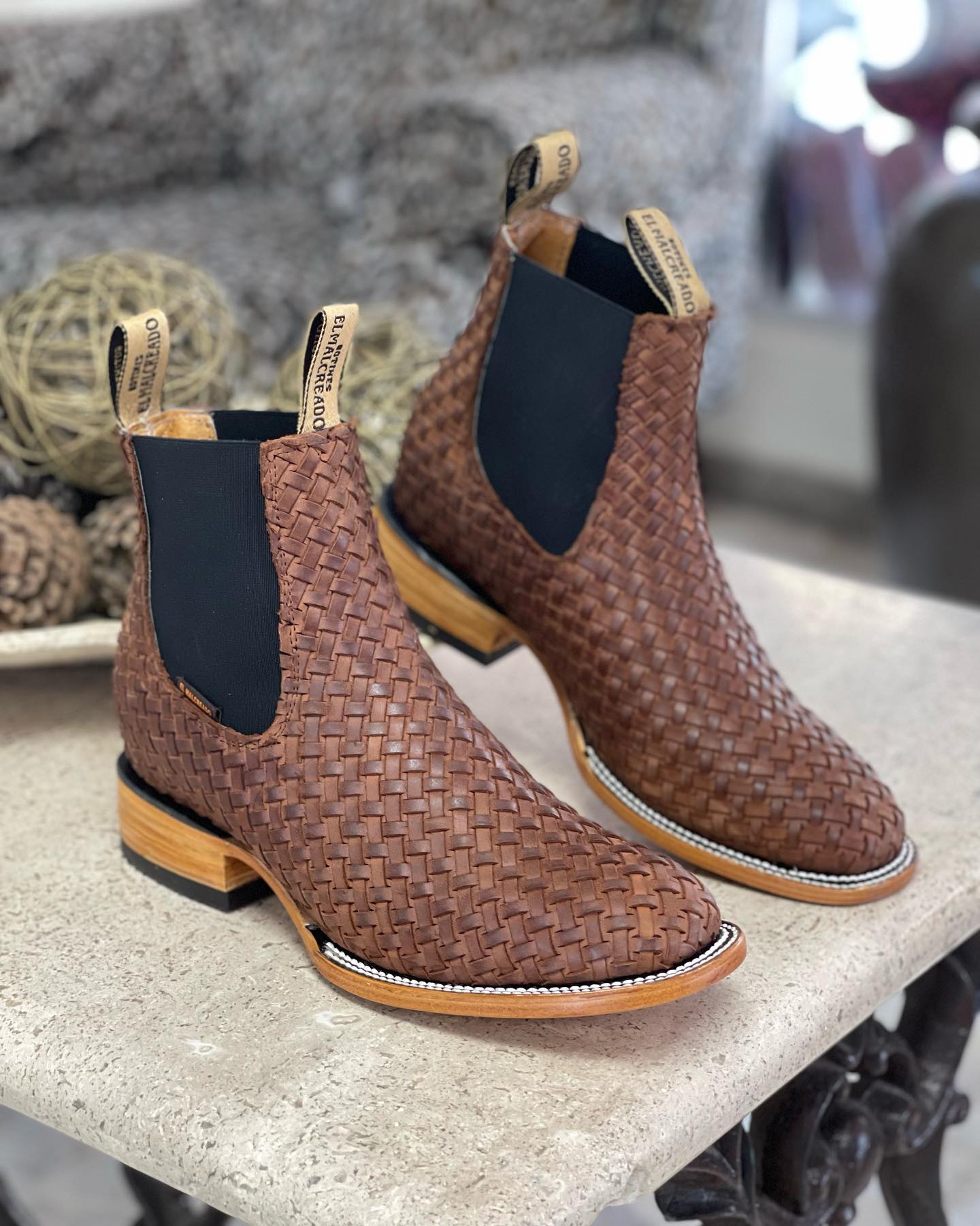 Men's Western Cowboy Woven Leather Ankle Boots