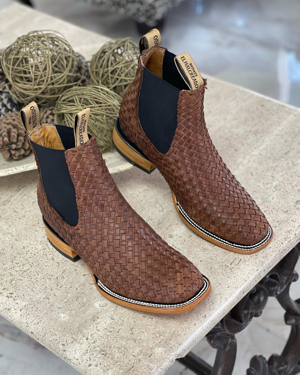 Men's Western Cowboy Woven Leather Ankle Boots