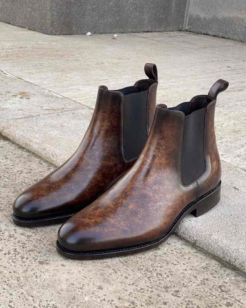 Dark Brown Mirror Glossed Patina Chelsea Boots