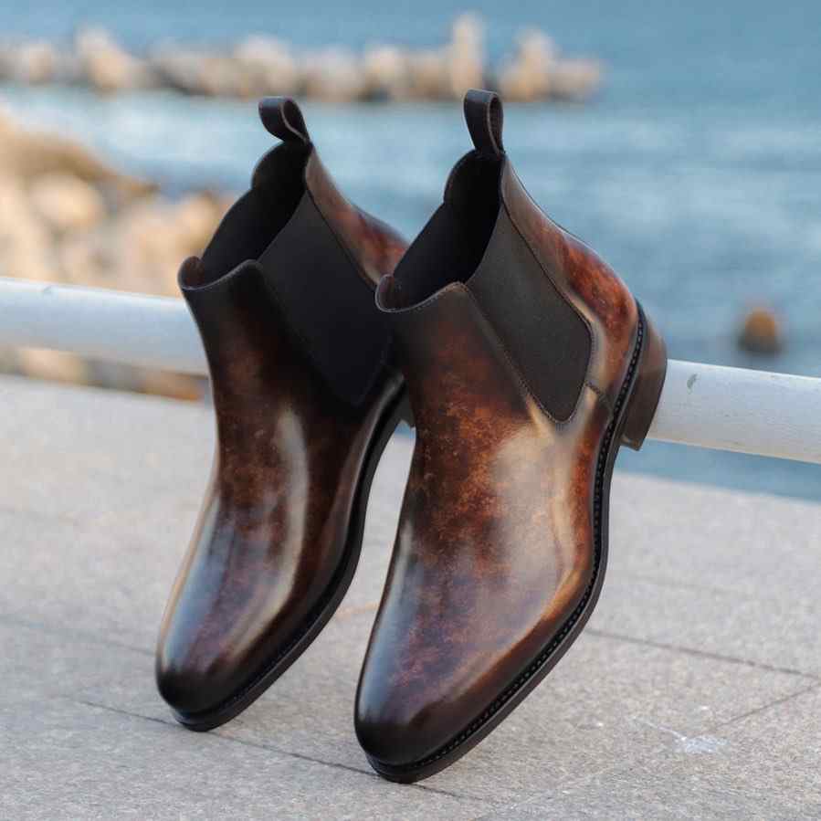 Dark Brown Mirror Glossed Patina Chelsea Boots