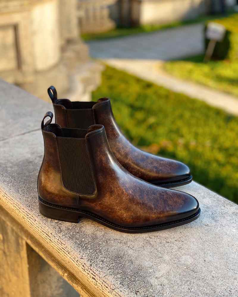 Dark Brown Mirror Glossed Patina Chelsea Boots