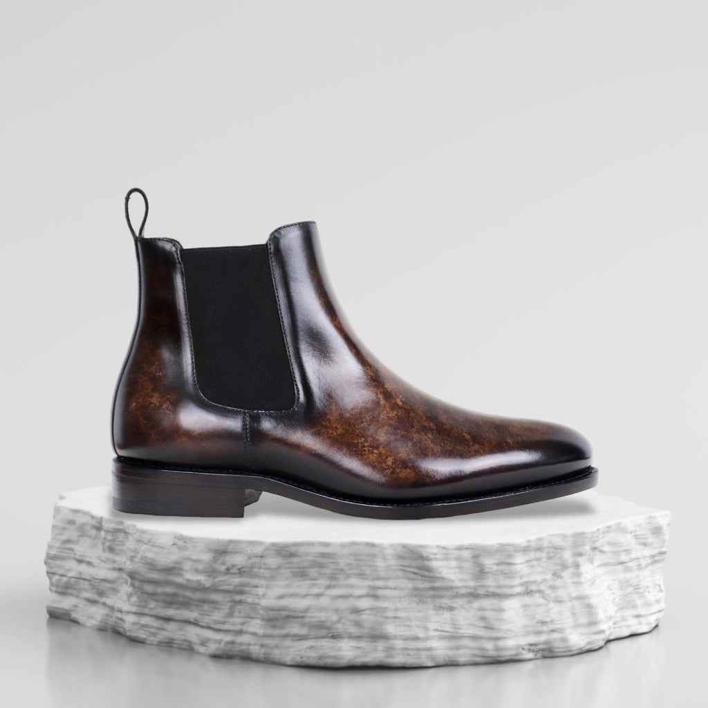 Dark Brown Mirror Glossed Patina Chelsea Boots