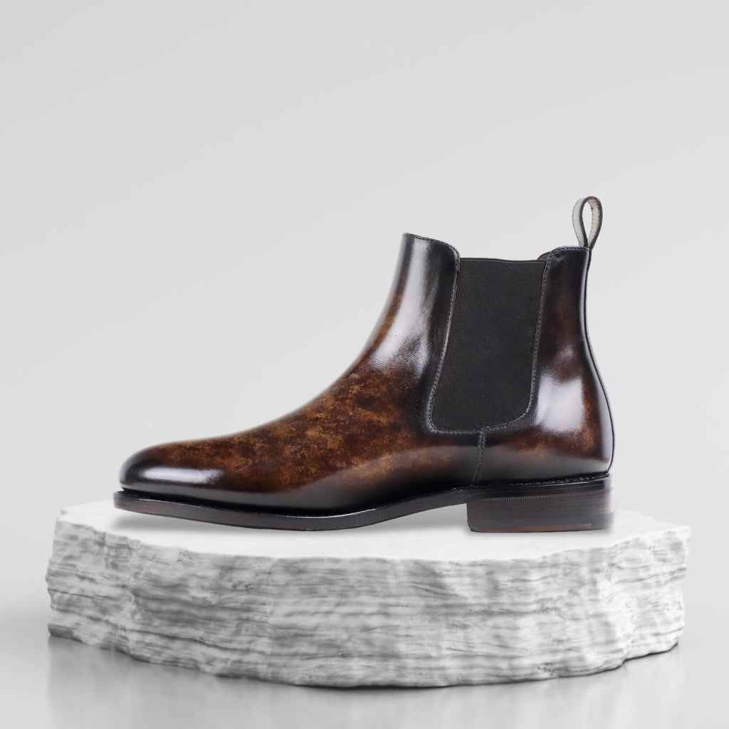 Dark Brown Mirror Glossed Patina Chelsea Boots