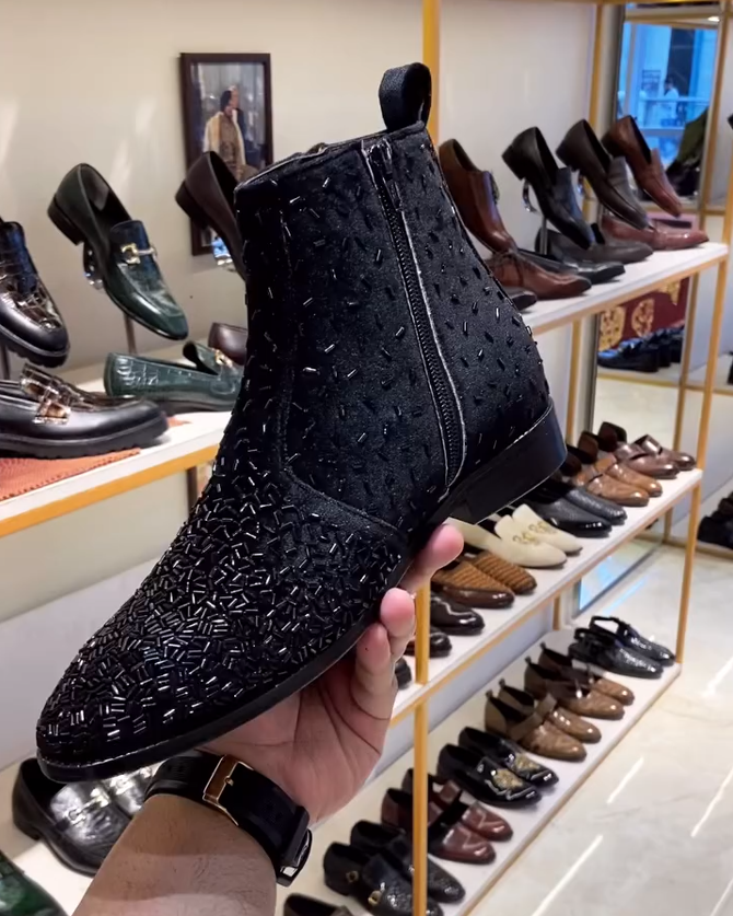 Black Pure Italian Suede Embroidered Zipper Boots