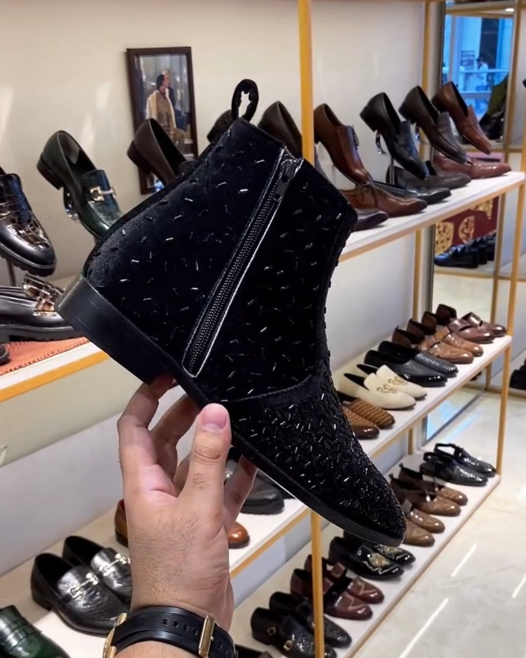 Black Pure Italian Suede Embroidered Zipper Boots