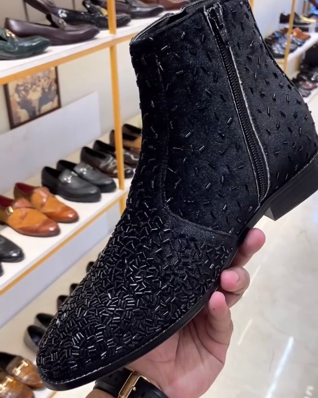 Black Pure Italian Suede Embroidered Zipper Boots