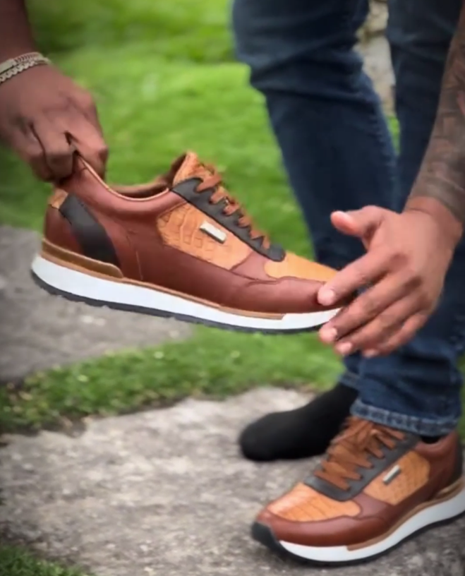 Cognac Python And Calfskin Fashion Sneakers