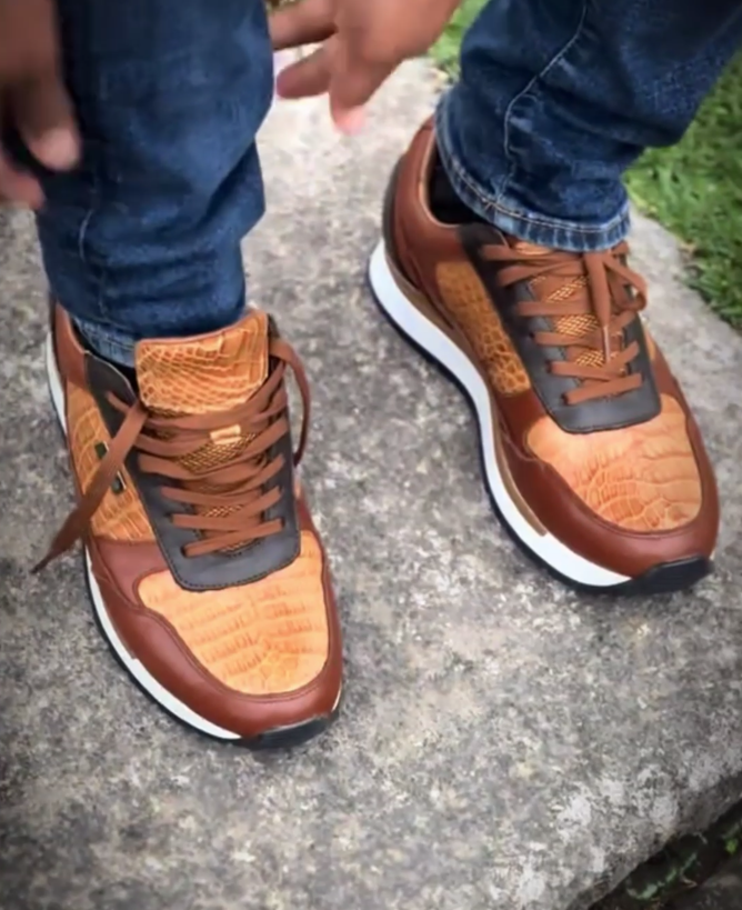 Cognac Python And Calfskin Fashion Sneakers