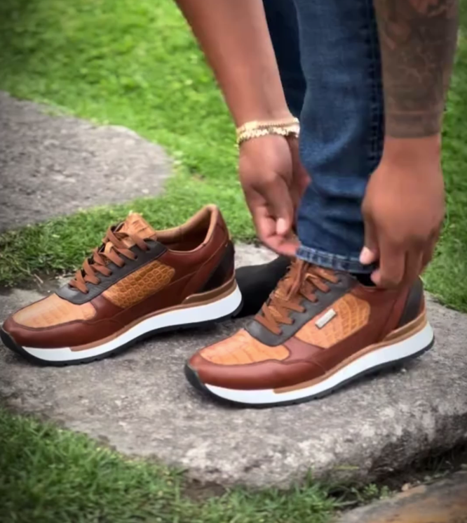 Cognac Python And Calfskin Fashion Sneakers