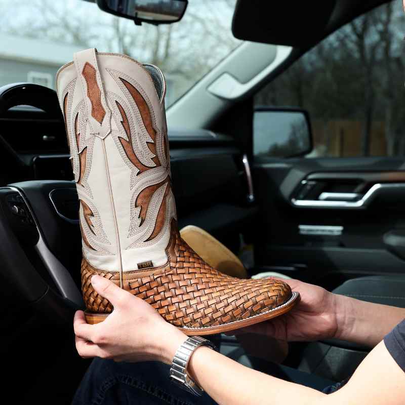 Brown Basketweave Leather Boots - Square Toe