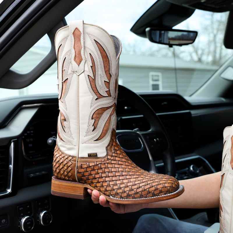 Brown Basketweave Leather Boots - Square Toe