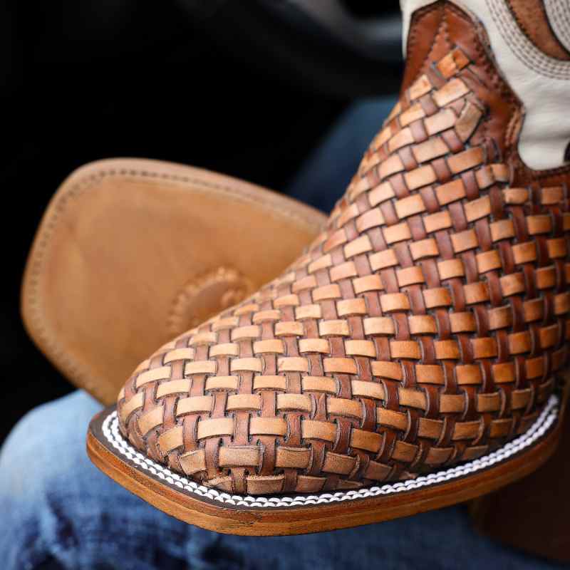 Brown Basketweave Leather Boots - Square Toe