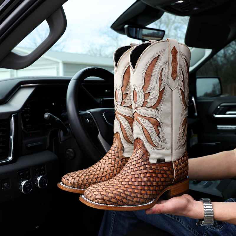 Brown Basketweave Leather Boots - Square Toe