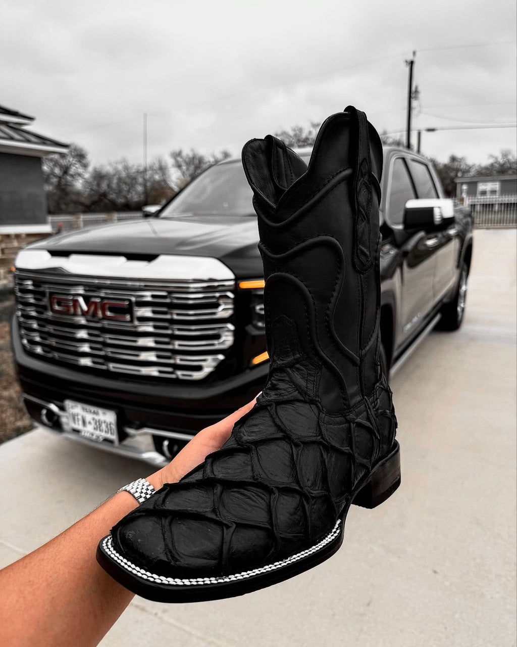 Matte Black Pirarucu Leather Boots - Square Toe