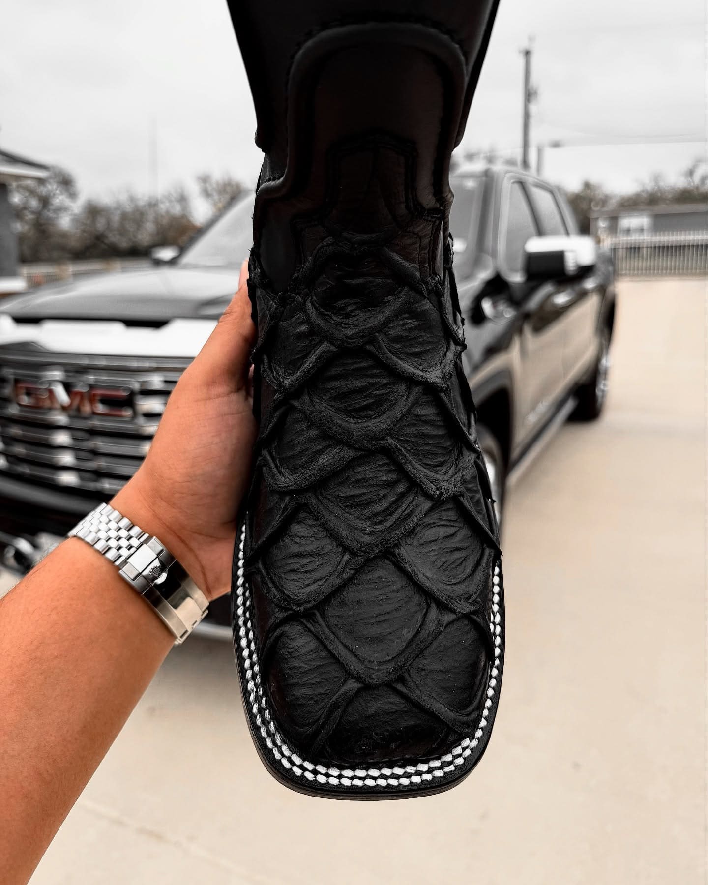 Matte Black Pirarucu Leather Boots - Square Toe