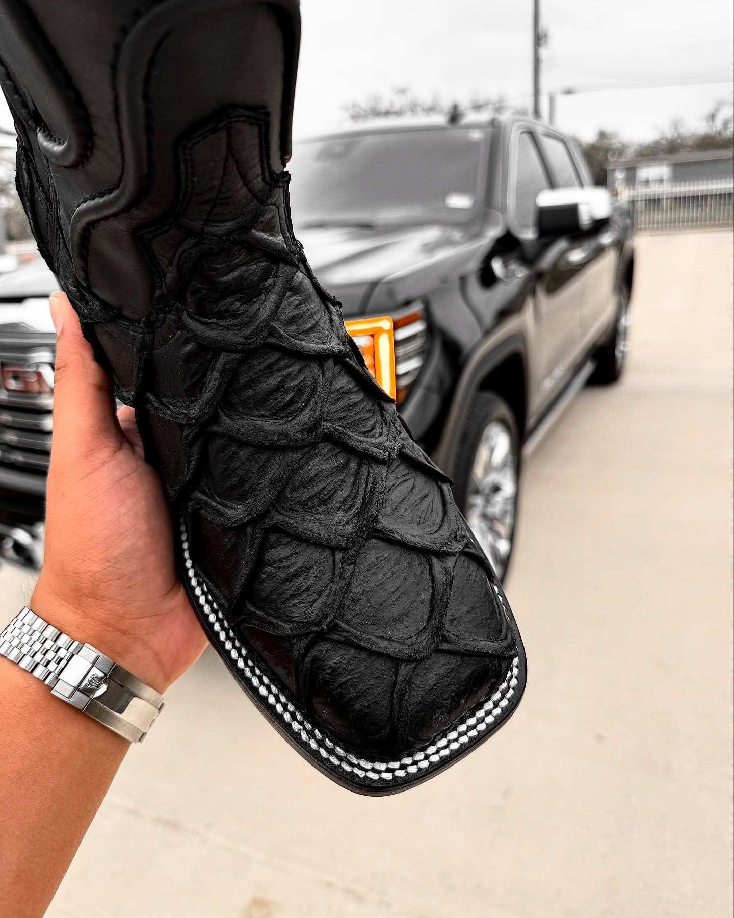 Matte Black Pirarucu Leather Boots - Square Toe