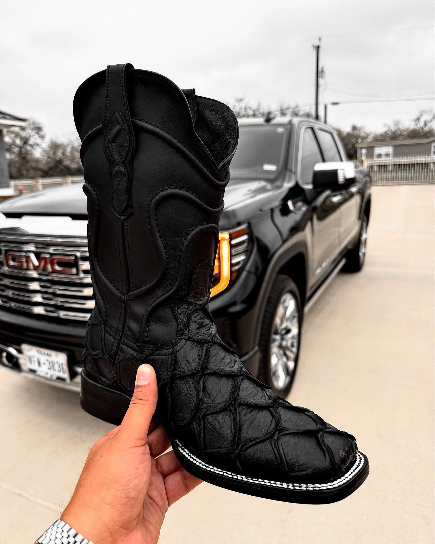 Matte Black Pirarucu Leather Boots - Square Toe