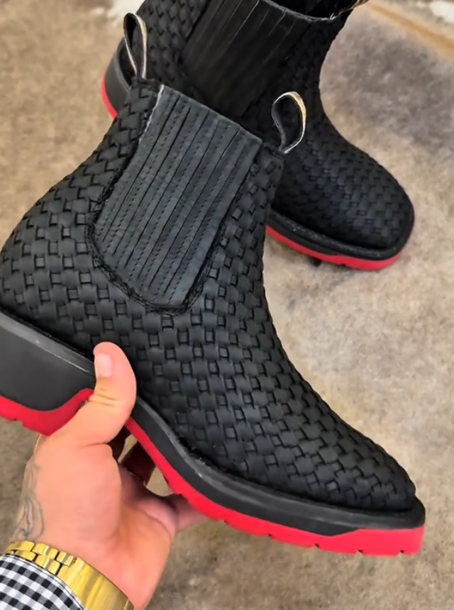 Black Basket Weave Artesanal Boots - Red Sole