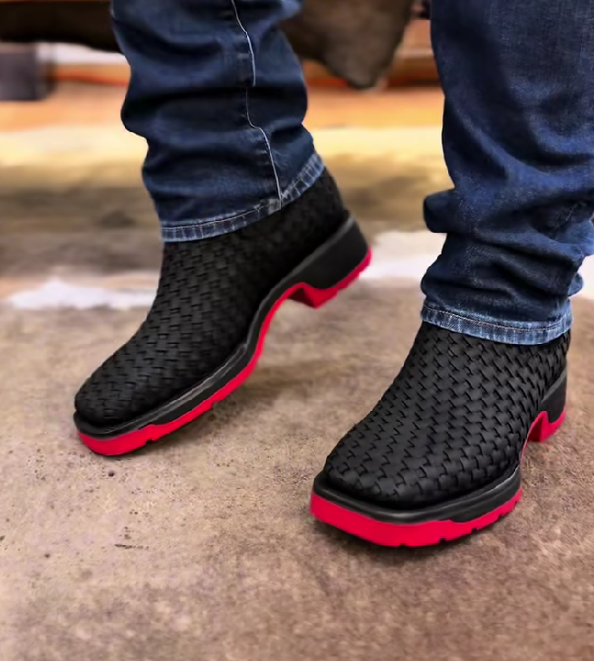 Black Basket Weave Artesanal Boots - Red Sole