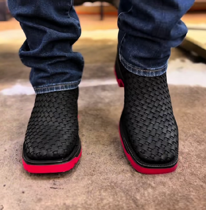 Black Basket Weave Artesanal Boots - Red Sole
