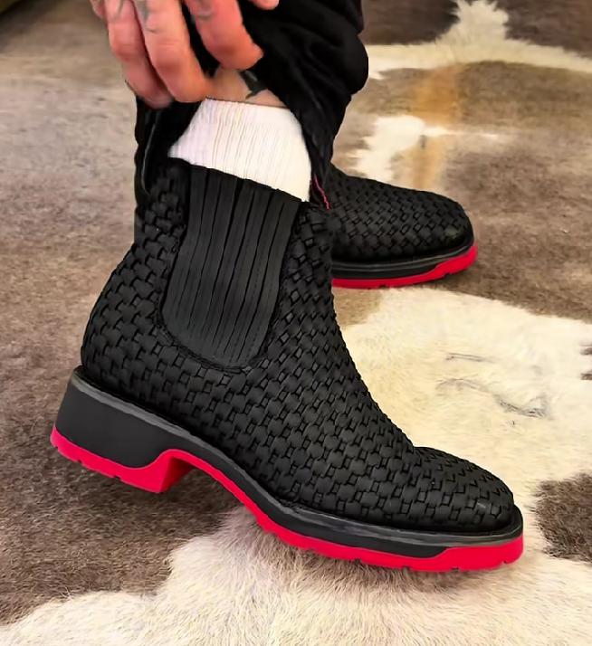 Black Basket Weave Artesanal Boots - Red Sole