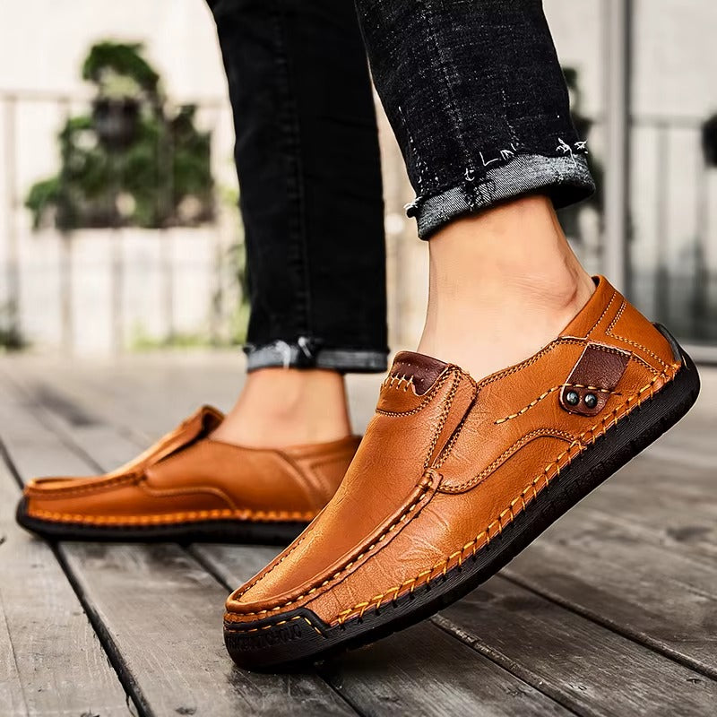 Hand-Stitched Leather Moc Toe Loafers