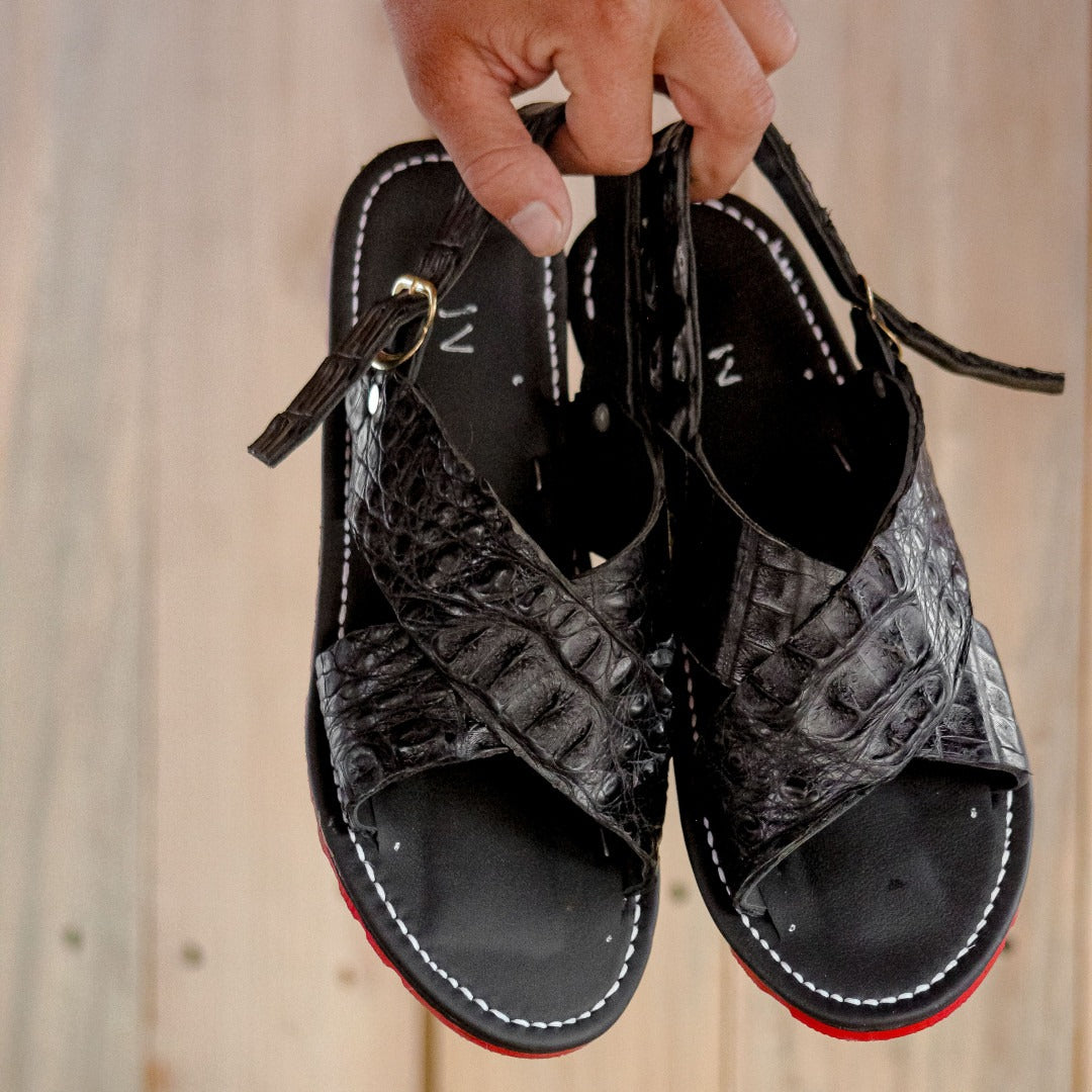 Crocodile-Embossed Leather Slingback Platform Sandals