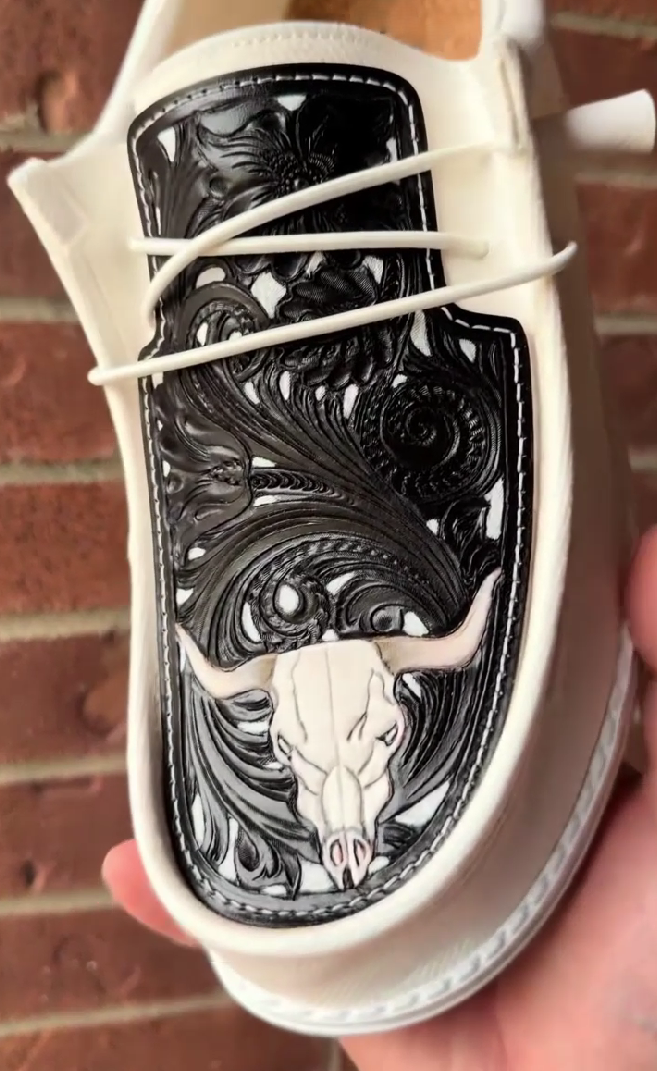 Hand-Tooled Leather Longhorn Skull Western Slip-On Shoes