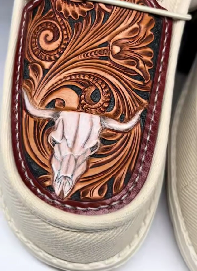 Hand-Tooled Leather Longhorn Skull Western Slip-On Shoes