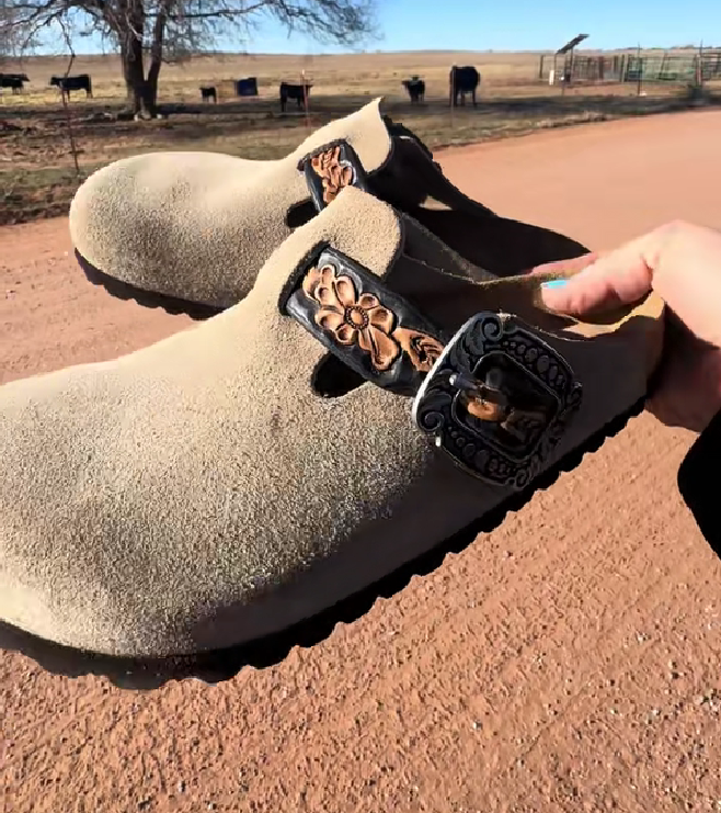 Vintage Western Leather Embossed Adjustable Slide Clogs