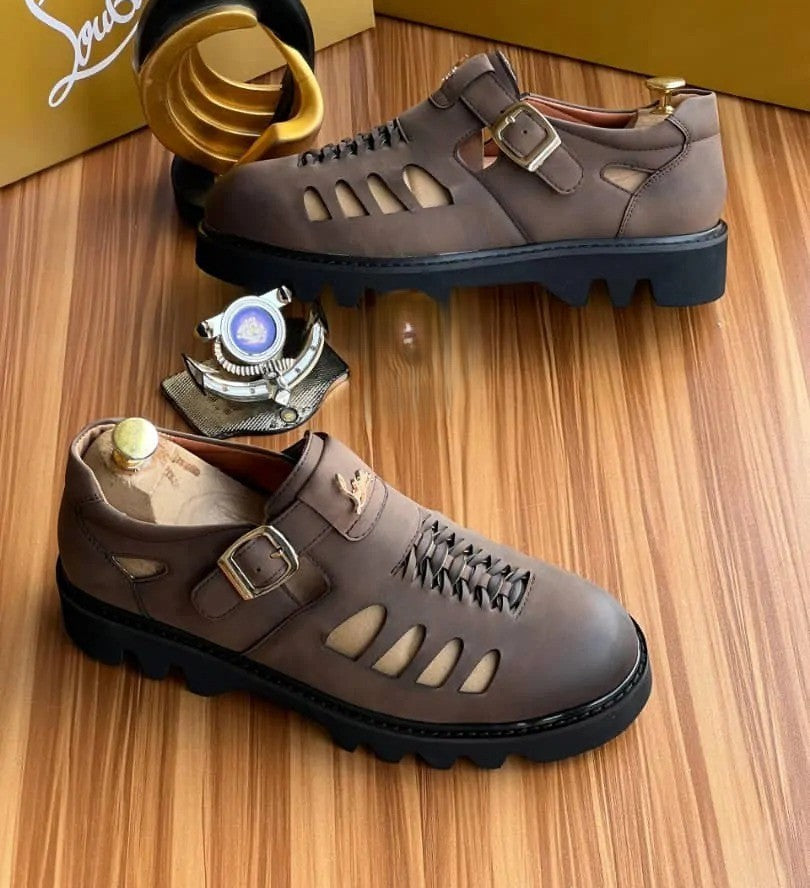 Premium Rugged Leather Cutout Platform Sandals