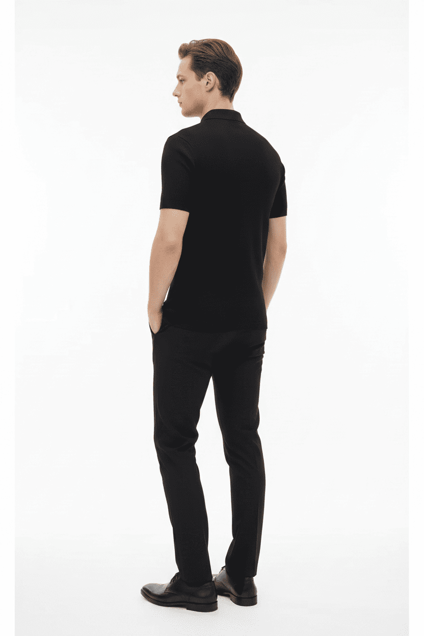 Slim-Fit Textured Knit Polo Shirt in Black