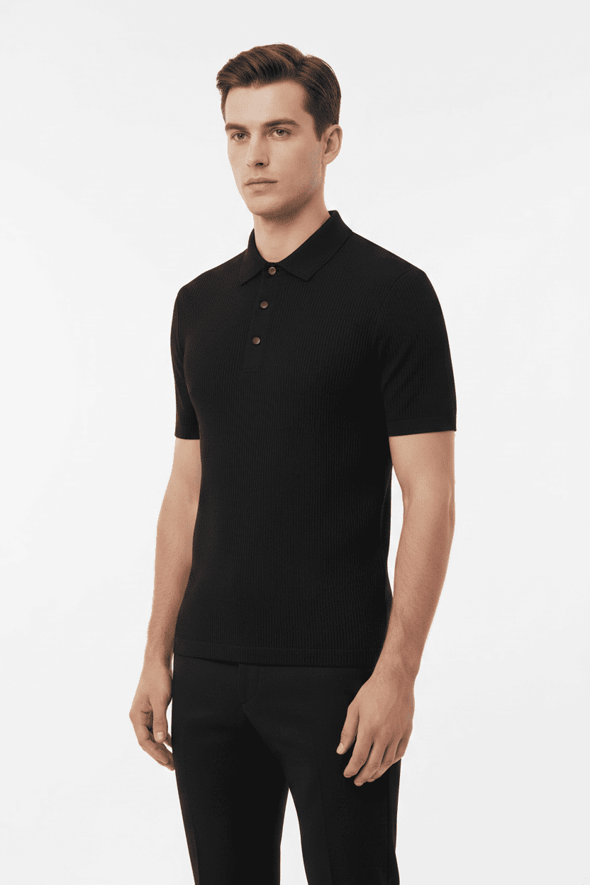 Slim-Fit Textured Knit Polo Shirt in Black