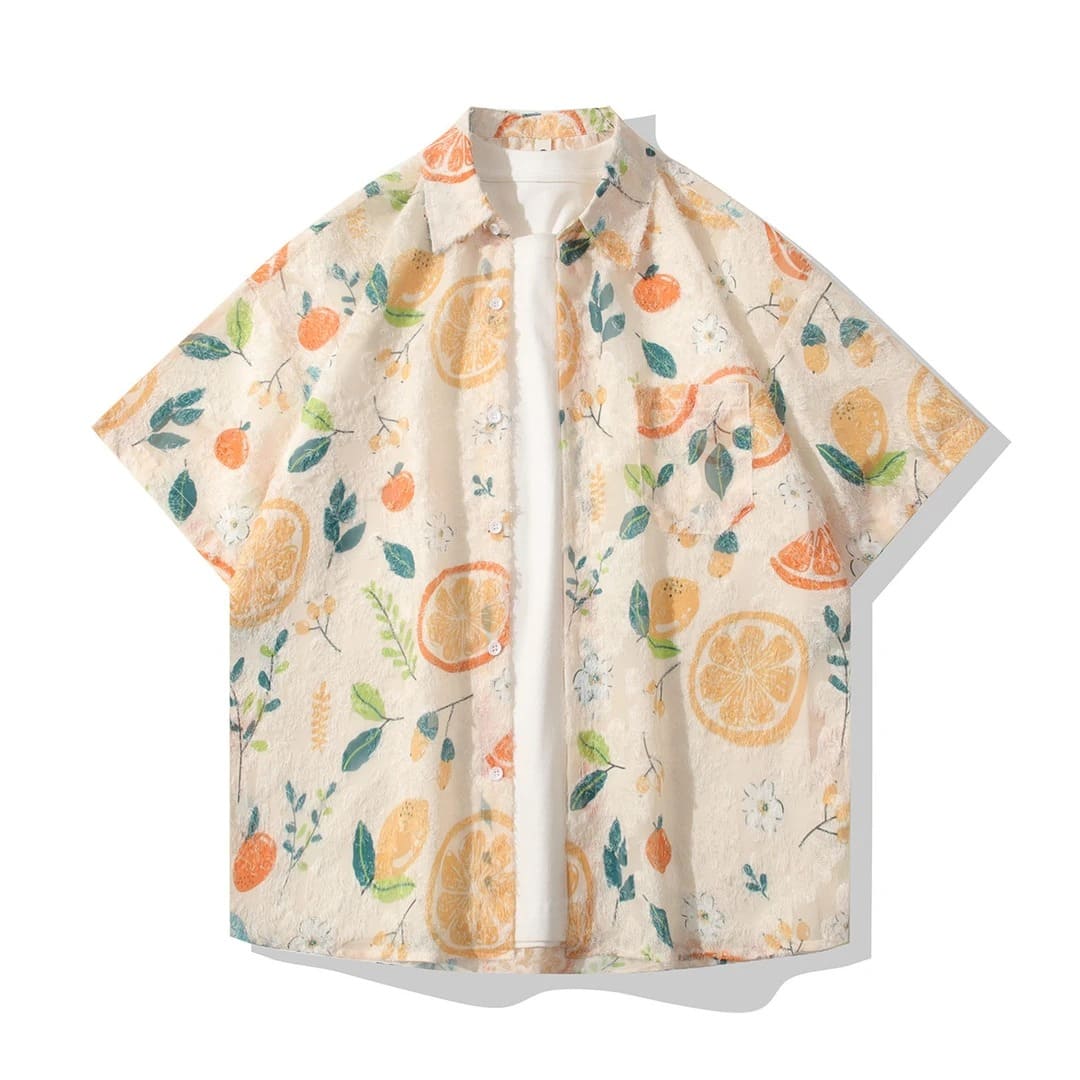 Citrus Fruit Print Fringe-Edge Short Sleeve Shirt