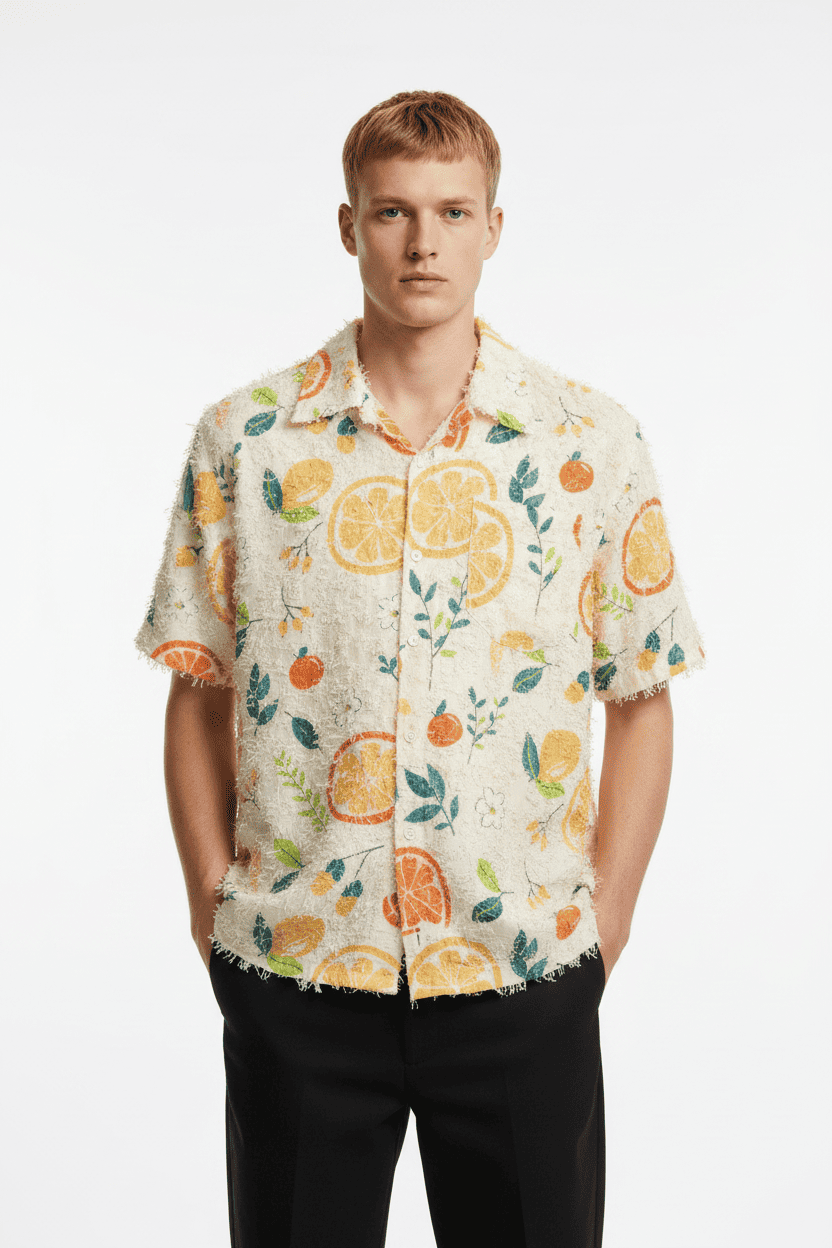 Citrus Fruit Print Fringe-Edge Short Sleeve Shirt