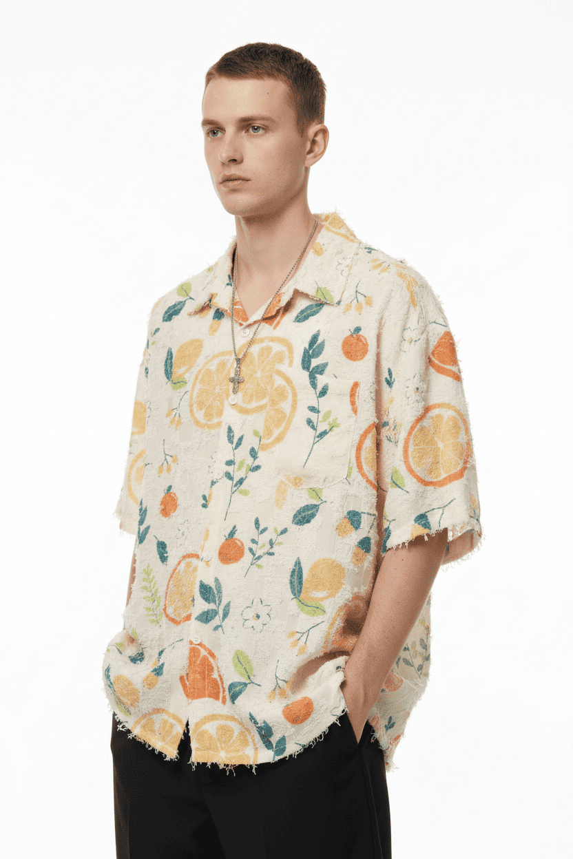 Citrus Fruit Print Fringe-Edge Short Sleeve Shirt