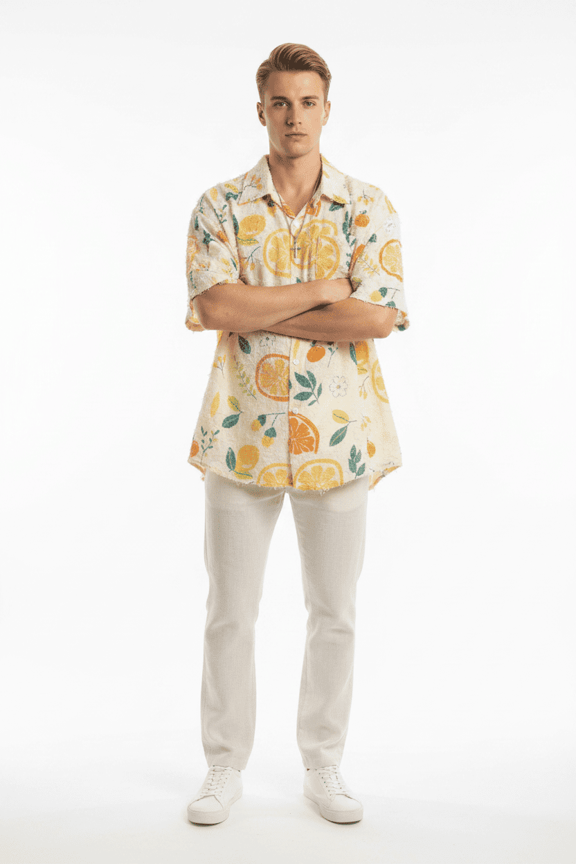 Citrus Fruit Print Fringe-Edge Short Sleeve Shirt