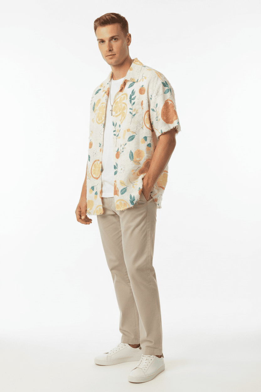 Citrus Fruit Print Fringe-Edge Short Sleeve Shirt
