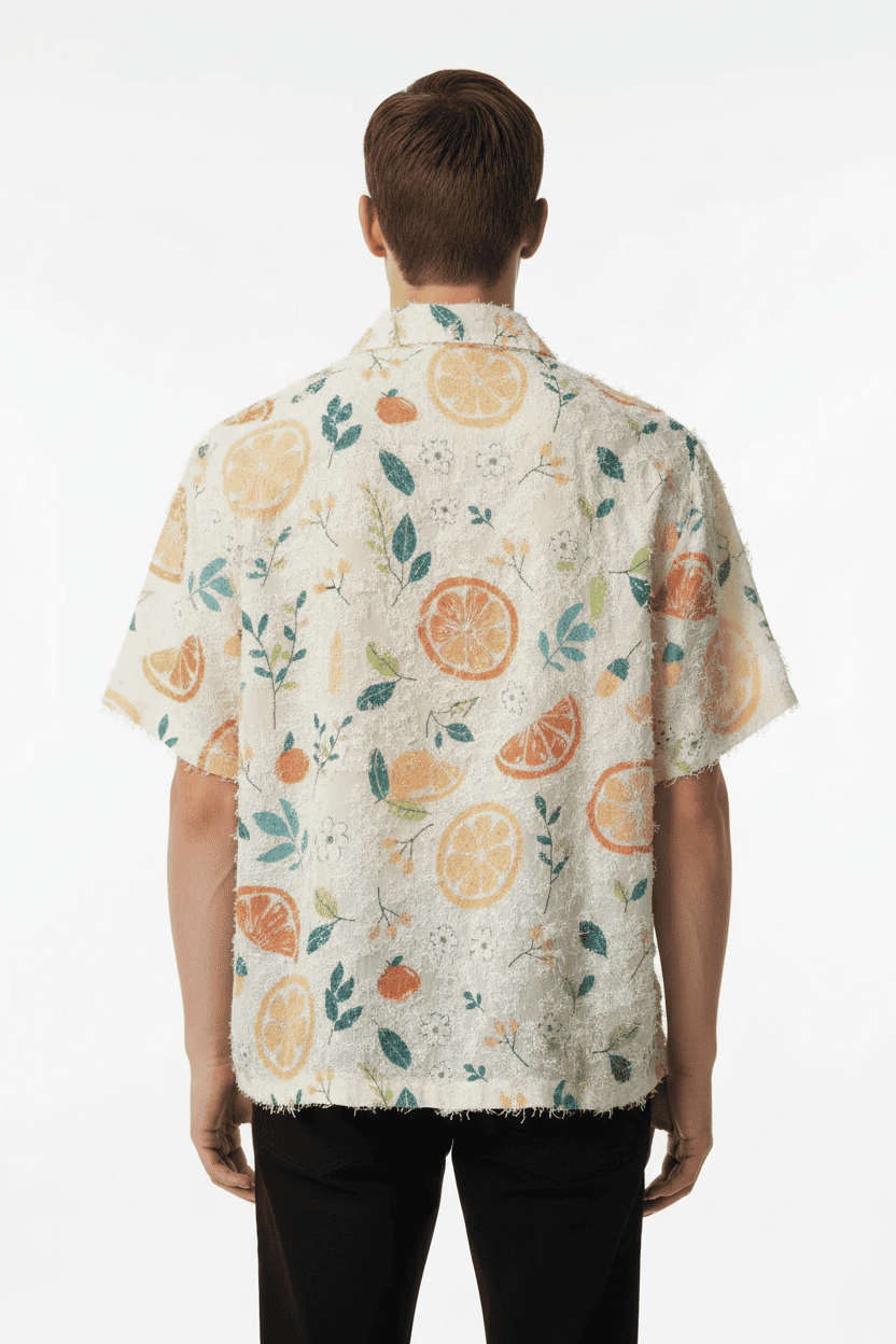 Citrus Fruit Print Fringe-Edge Short Sleeve Shirt