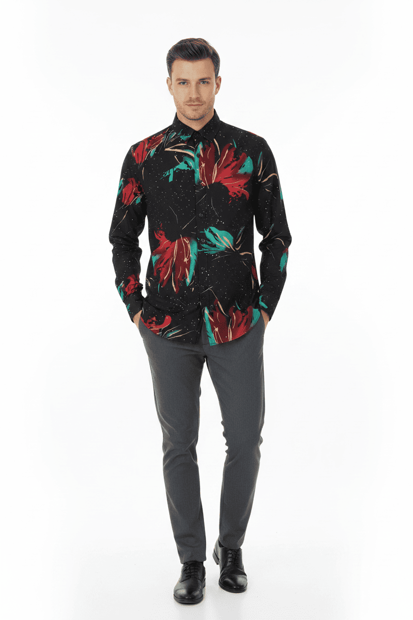 Abstract Floral Galaxy Print Long Sleeve Shirt