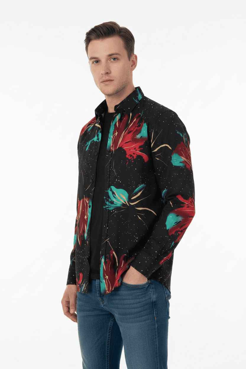 Abstract Floral Galaxy Print Long Sleeve Shirt