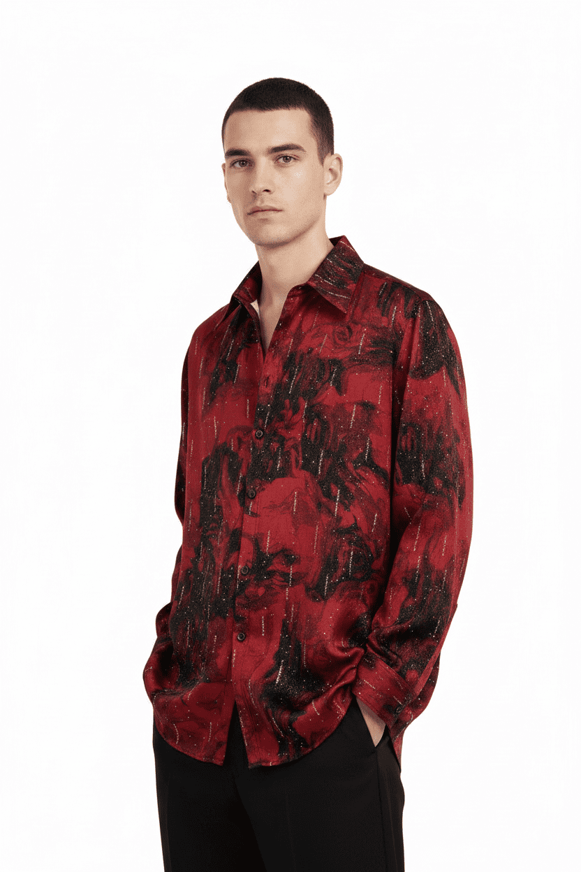 Crimson Rose Shadow Glitter Long Sleeve Satin Shirt