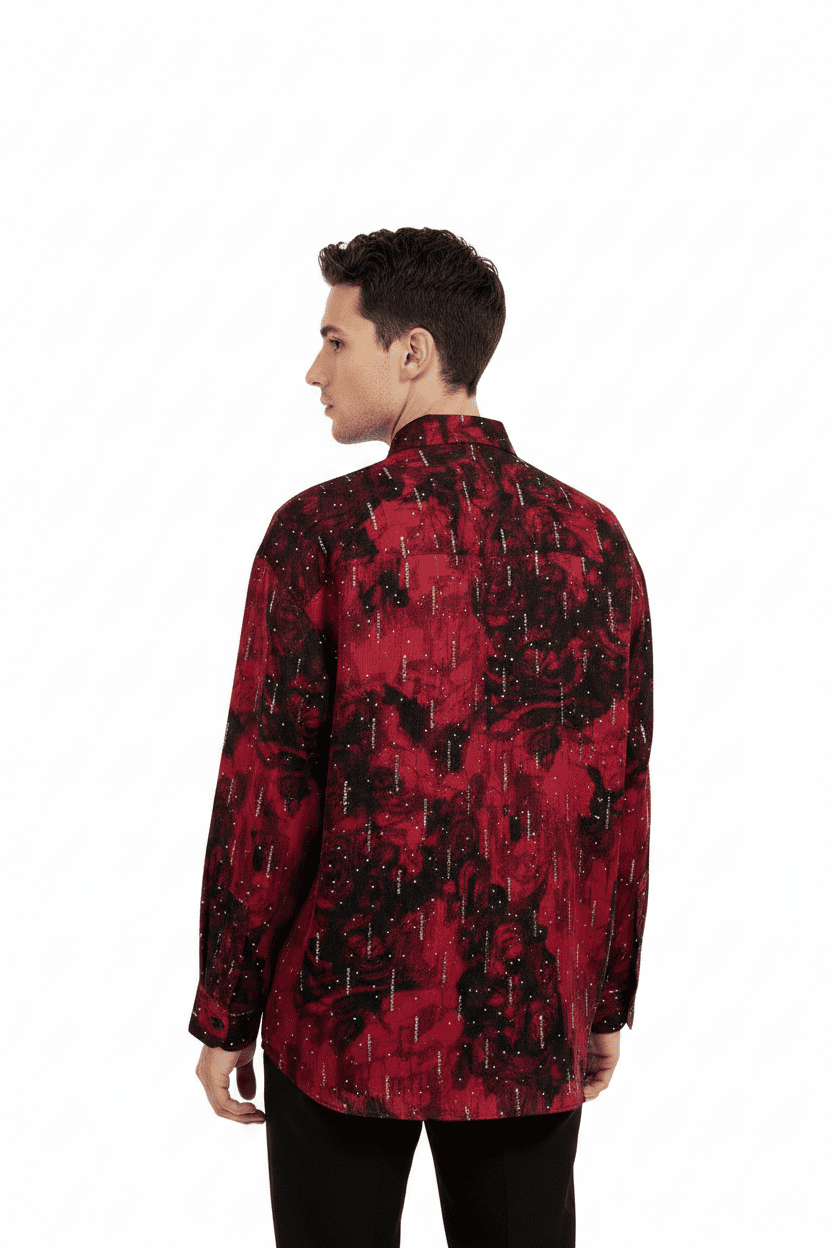 Crimson Rose Shadow Glitter Long Sleeve Satin Shirt