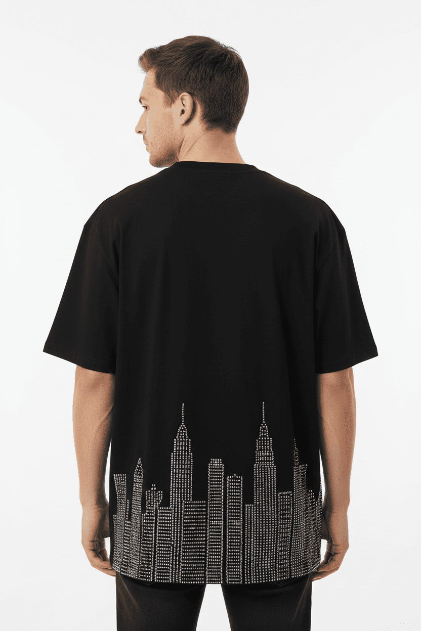 City Skyline Rhinestone Oversized Short Sleeve T-Shirt