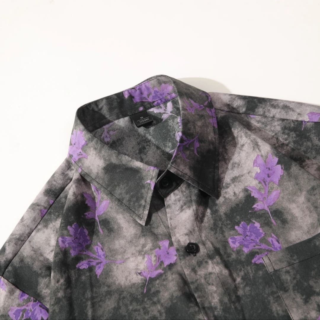 Smoke Floral Print Short Sleeve Button-Up Shirt