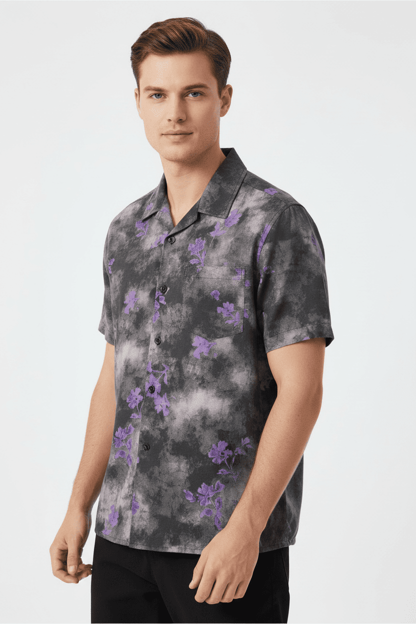 Smoke Floral Print Short Sleeve Button-Up Shirt